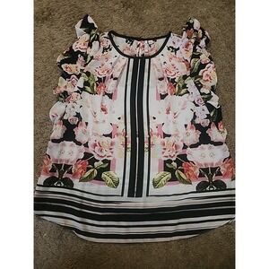 Elle Women's Ruffle Sleeve Floral Blouse Top Sz Large  White Pink